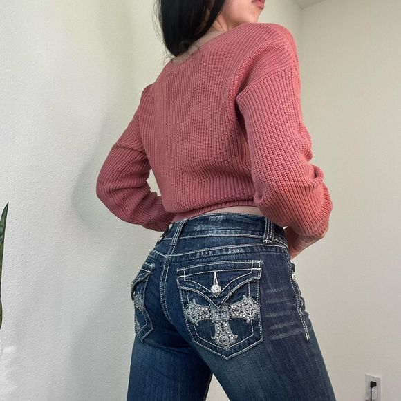 NWT mauve Hollister co reversible cropped long sleeve lace trim sweater - Picture 3 of 4